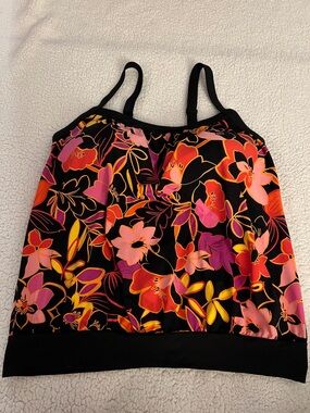 Lands’ End Floral Black blouson tankini 12 D